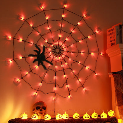 US Local 3.28FT Spider Web Light With Hairy Spider 70LED Battery Powered Remote Control 8 Lighting Modes Glowing Outdoor Indoor Wall Halloween Decoration