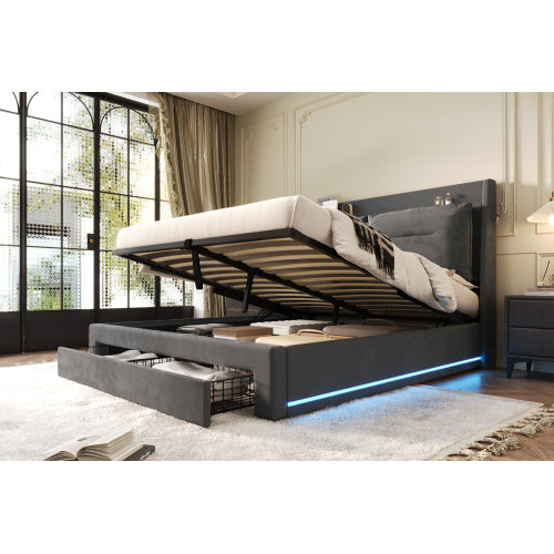 UK Local Upholstered Bed, 135x190  4ft6, Double Bed, Hydraulic Bed, 2-in-1 Storage Drawers At The End Of The Bed, Recessed LED Light Strips On Both Sides Of The Bed, Slatted Frame, Velvet,Dark Gray