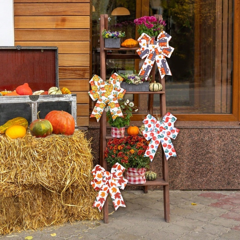 US Local 4 Rolls 20 Yards Thanksgiving Day Fall Autumn Wired Edge Ribbon Pumpkin Leaves Wired Ribbon Gingham Ribbon For Thanksgiving Decorations Party Gift Wrapping Craft DIY Project