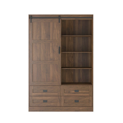 US Local Tall Bedroom Armoire Wardrobe Closet Clothing Storage Cabinet With Hanging Rod Barn Door Drawers Open Shelves