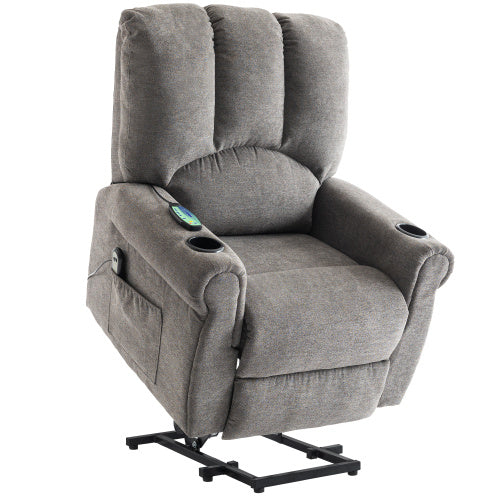 UK Local Electric Lift Grey Senior Chair - Single Motor, Heated Massage, Stand Assist, Storage Pockets, Cup Holders