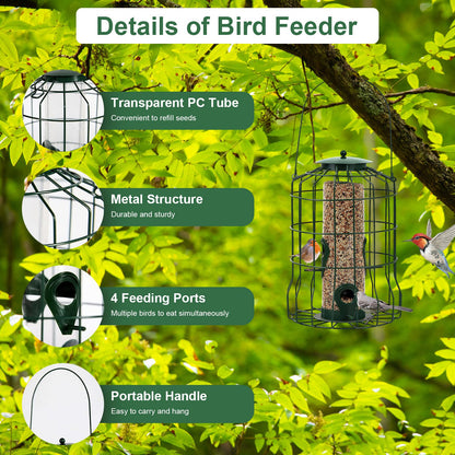 US Local 1Pc Outdoor Wild Bird Feeder Squirrel-Proof Chew-Proof Metal Hanging Seed Feeder With 4 Feeding Port For Small Songbirds