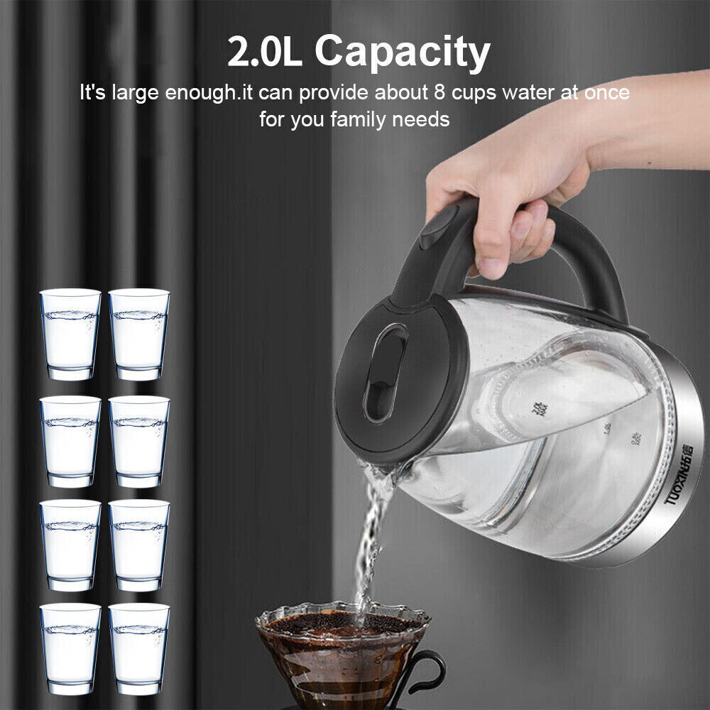UK Local 2L Electric Kettle Glass 360 Blue LED Illuminated Portable Jug Protection 1800W