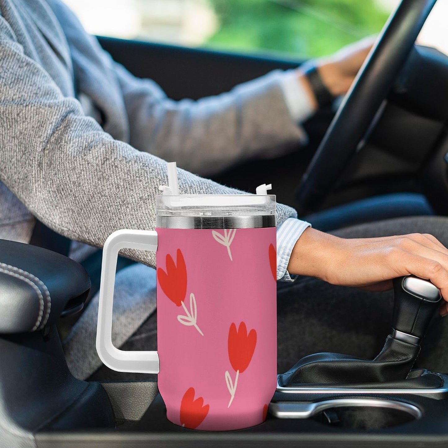 PHDT00058 POD US Local Tumbler 40 oz Large Capacity Car Cup Tulip, Red, Flower