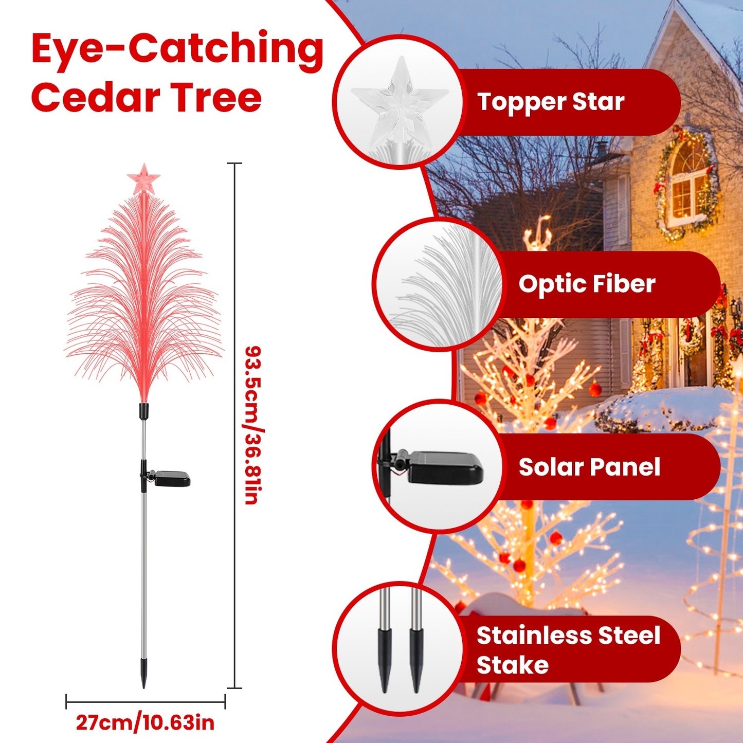 US Local 4Pack 7 Color Changing Solar Christmas Tree Lights Outdoor Optical Fiber Stake Lights Cedar Tree Lights With Topper Star IP44 Waterproof For Garden Yard Pathway Lawn