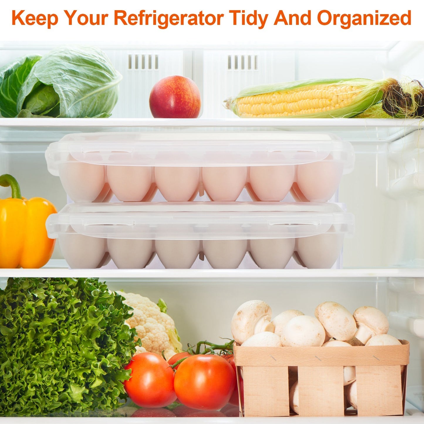 US Local 2Pcs Plastic Egg Holder Stackable Egg Storage Box Egg Rack For Refrigerator 18 Cavity Per Container Dishwasher Safe