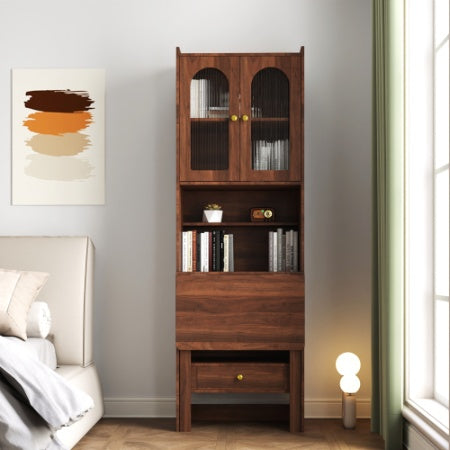 US Local Fold-Out Convertible Writing Table, Desk Cabinet With Shelf And Drawer Multi-Function Home Office Workstation