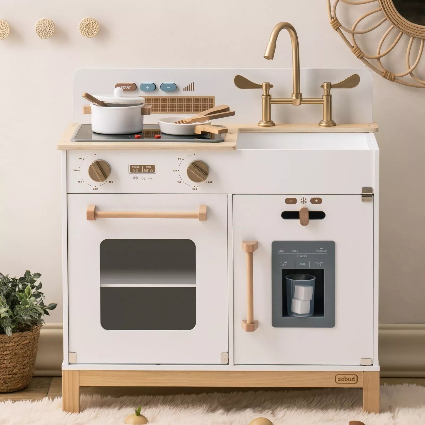 US Local ROBOTIME DIY Pretend Play Kitchen Cooking Toy Set Gift For Boys And Girls White