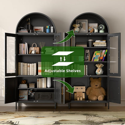 US Local Arched Kitchen Pantry Storage Cabinet With Doors Shelves, Black Arched Bookcase Display Cabinet For Home Office Bar Living Room, Assemble Require
