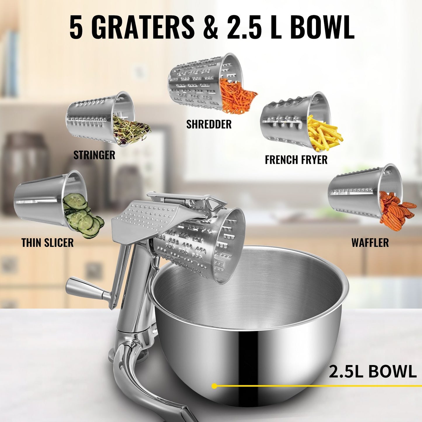 US Local Rotary Cheese Grater, Zinc Alloy Rotary Vegetable Mandoline, Manual Cheese Mandoline W/ 5 Stainless Steel Cutting Cones, Manual Vegetable Grater W/ 2.5L Bowl, Rotary Shredder W/Suction Base