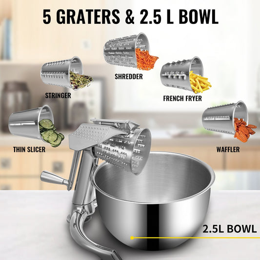 US Local Rotary Cheese Grater, Zinc Alloy Rotary Vegetable Mandoline, Manual Cheese Mandoline W/ 5 Stainless Steel Cutting Cones, Manual Vegetable Grater W/ 2.5L Bowl, Rotary Shredder W/Suction Base