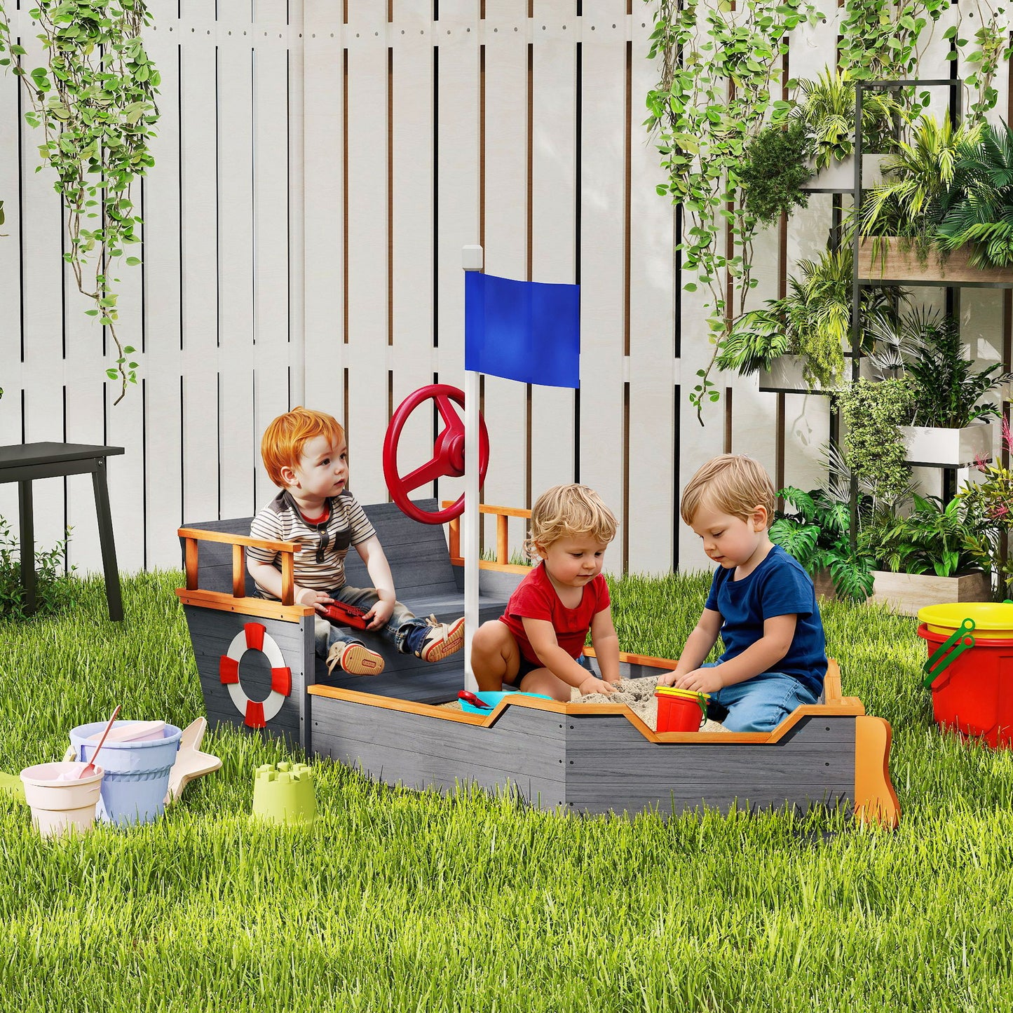 US Local Kids Wooden Sandbox Pirate Ship Sandboat W Bench Seat Storage Space Ceder Wood, Gray
