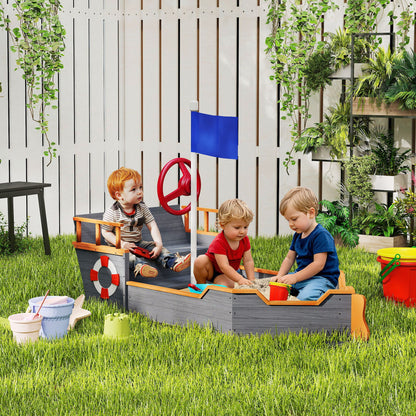 US Local Kids Wooden Sandbox Pirate Ship Sandboat W Bench Seat Storage Space Ceder Wood, Gray