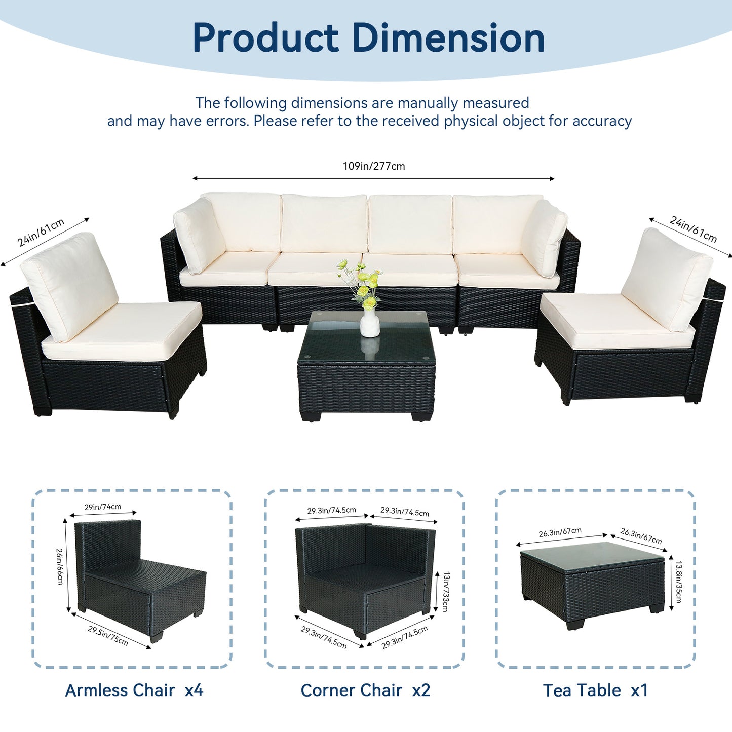 US Local Seven-Piece Sofa Set Table With Sofa Chair Black PE Rattan Outdoor New Design Furniture 7-JH002 Box 3-1-2-3 With White Color Cushion