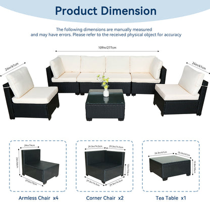 US Local Seven-Piece Sofa Set Table With Sofa Chair Black PE Rattan Outdoor New Design Furniture 7-JH002 Box 3-1-2-3 With White Color Cushion
