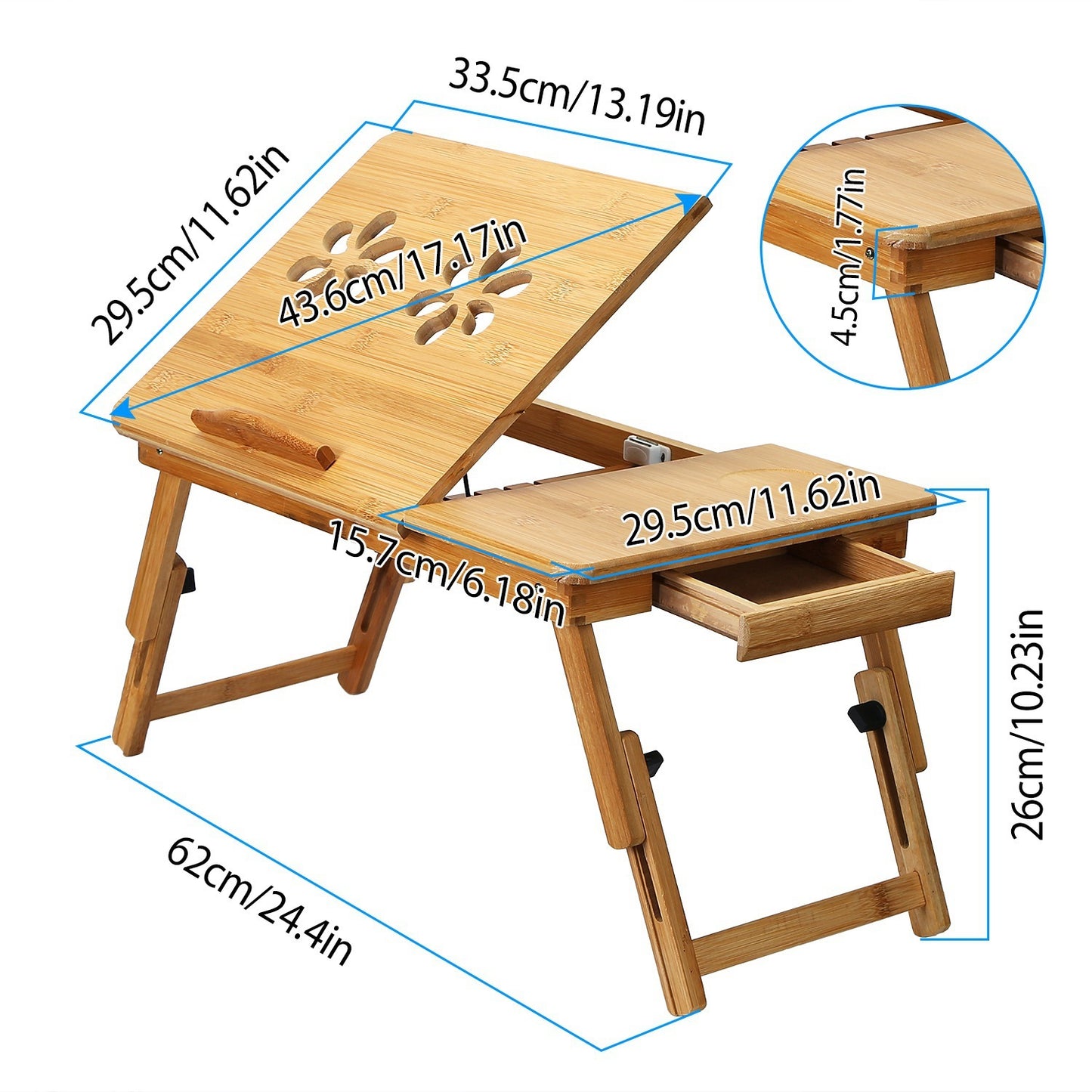 US Local 1Pc Bamboo Laptop Desk Breakfast Serving Bed Tray Foldable Leg Multi-Position Adjustable Tilt Surface Bed Lap Tray With Side Storage Drawer For Work Study Reading