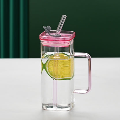 US Local 1 Pcs Pink Glass Straw Cup, 6 Colors Square Glass Cup With Straw And Lid, High Borosilicate Glass Cup, Milk Cup, Juice Cup, Cold Drink Cup, Coffee Cup, Tea Cup, Office Cup, Gift Cup