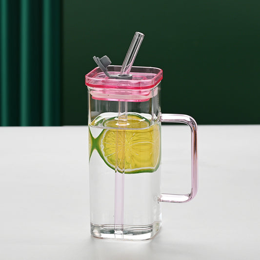 1 Pcs Pink Glass Straw Cup, 6 Colors Square Glass Cup With Straw And Lid, High Borosilicate Glass Cup, Milk Cup, Juice Cup, Cold Drink Cup, Coffee Cup, Tea Cup, Office Cup, Gift Cup