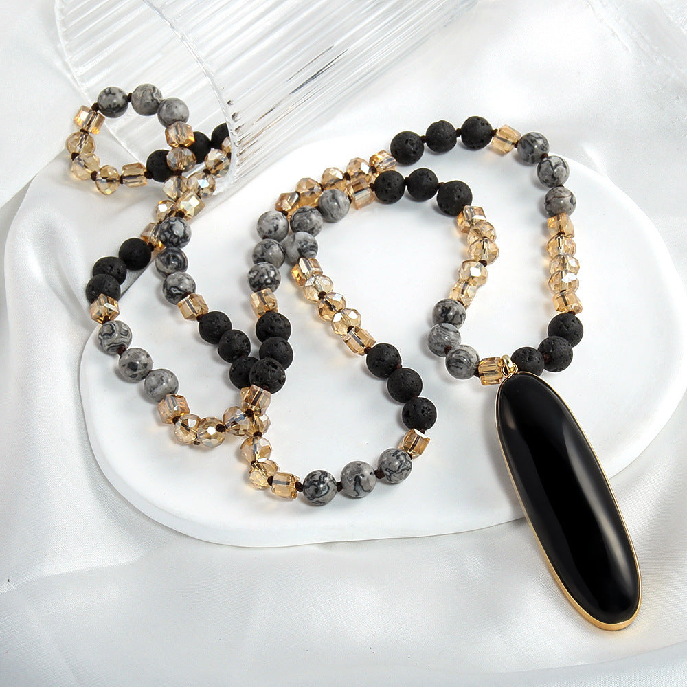 Natural Stone Glass Knotted Necklace Oval Agate Pendant Necklace Sweater Chain