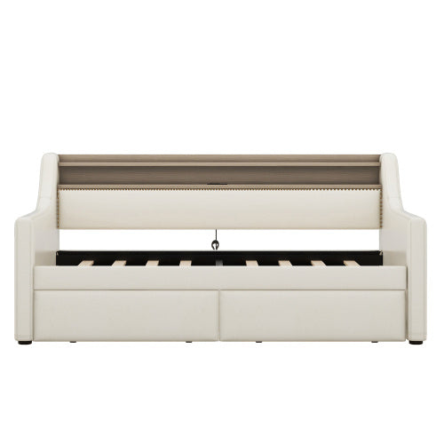 US Local Twin Size Daybed With Storage Drawers, Upholstered Daybed With Charging Station And LED Lights, Beige