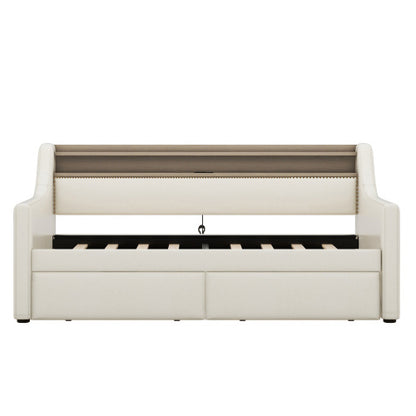 US Local Twin Size Daybed With Storage Drawers, Upholstered Daybed With Charging Station And LED Lights, Beige