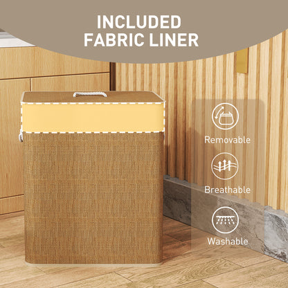 US Local Double Laundry Basket With Lid, 26.4 Gallon Bamboo Laundry Hamper With Rope Handles And Removable Liner, Brown