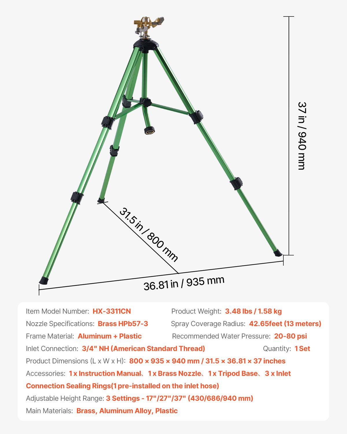 US Local VEVOR Impact Sprinkler On Tripod Base, Heavy Duty Tripod Sprinklers With Brass Head & Connector, 360 Degree Large Area Coverage Irrigation Sprinkler, Adjustable Heights Sprinkler For Yard Green