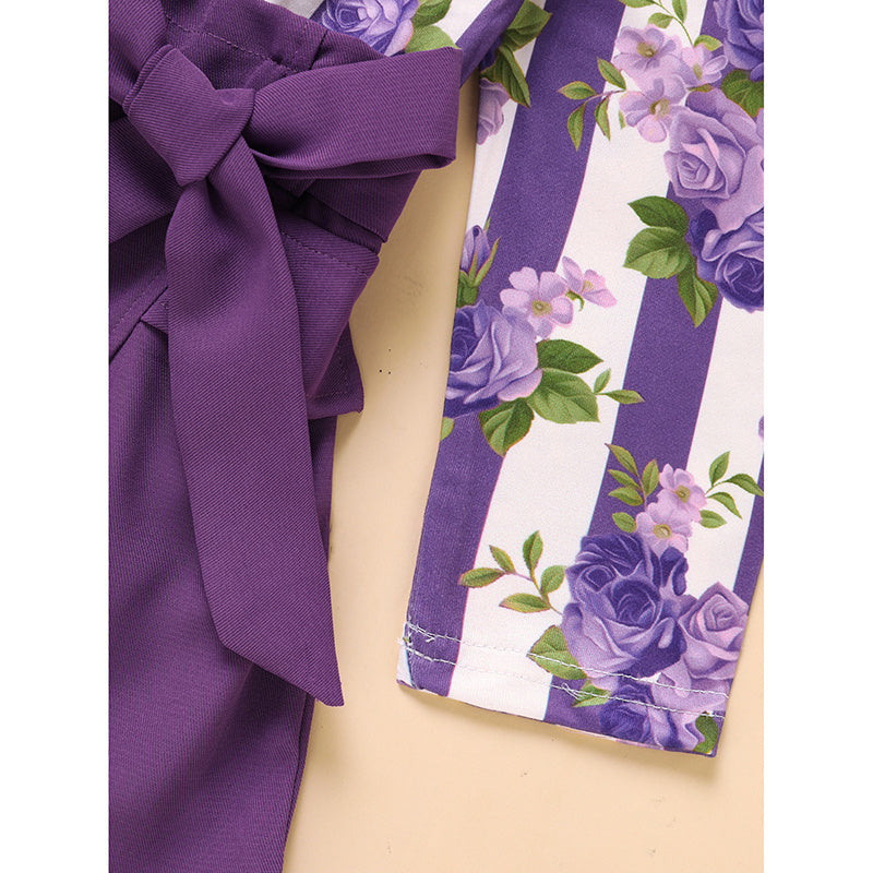 US Local Toddler Girl Purple Rose Print Girls Outfit, Spring Fall Stripe Top With Belt Skirts Set Holiday Going Out Clothes