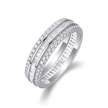 US Local Square Diamond Arrangement, Double Array Diamonds, Luxury Fashion Moissanite Silver Ring