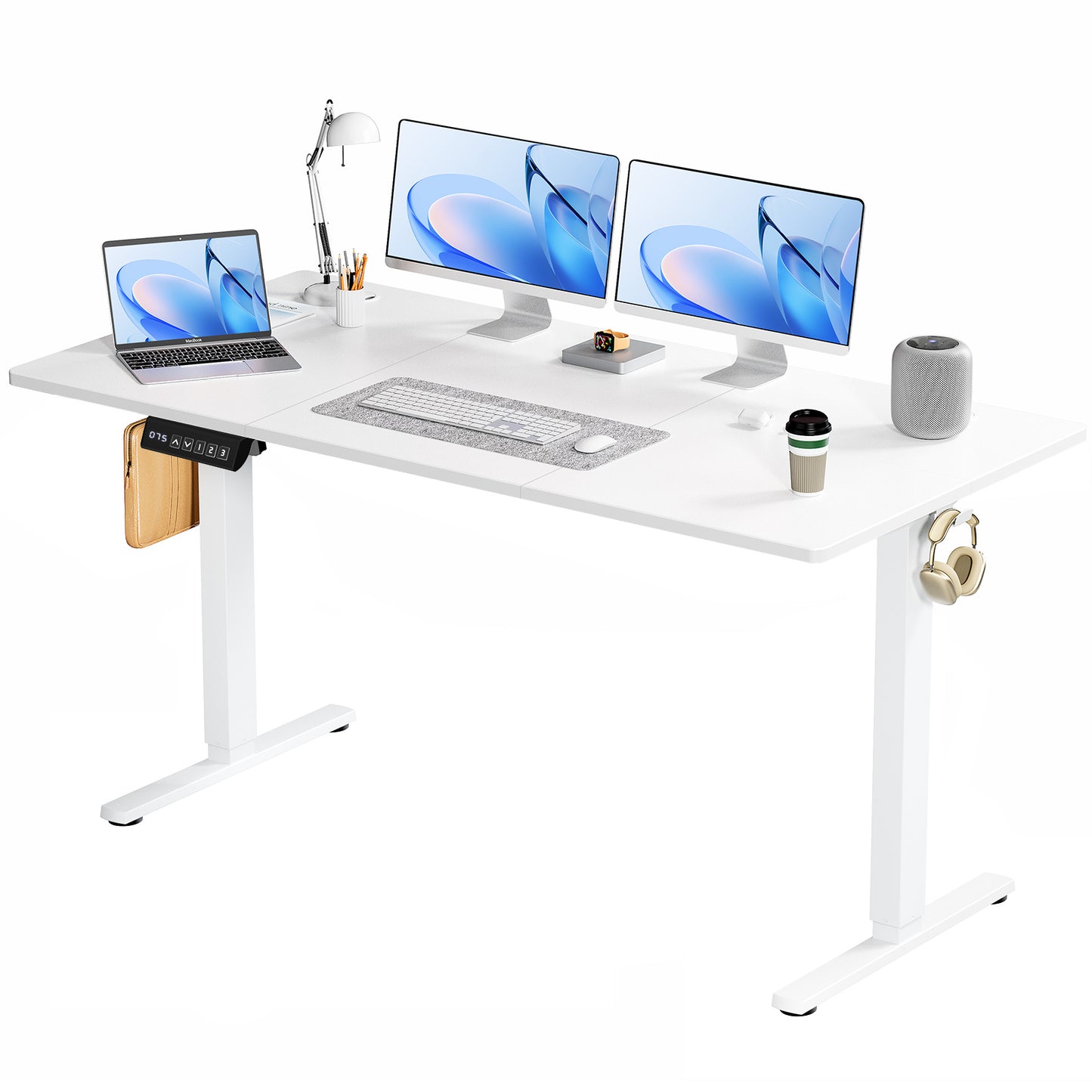 US Local Electric Adjustable Height Standing Desk Sit To Stand Up Desk With Splice Board, Rising Home Office Computer Table With 2 Hook And Wire Hole For Work