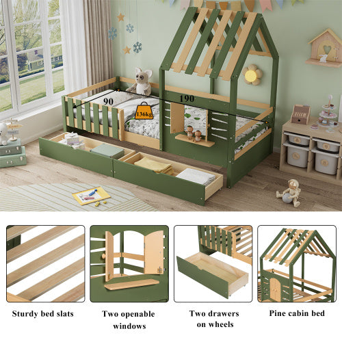 UK Local Wooden Bed, Children S Bed, 3ft Single Bed 90x190cm, MDF  Pinewood  Plywood, Two Storage Drawers,  Roof Shape With A Window, Green  Natural