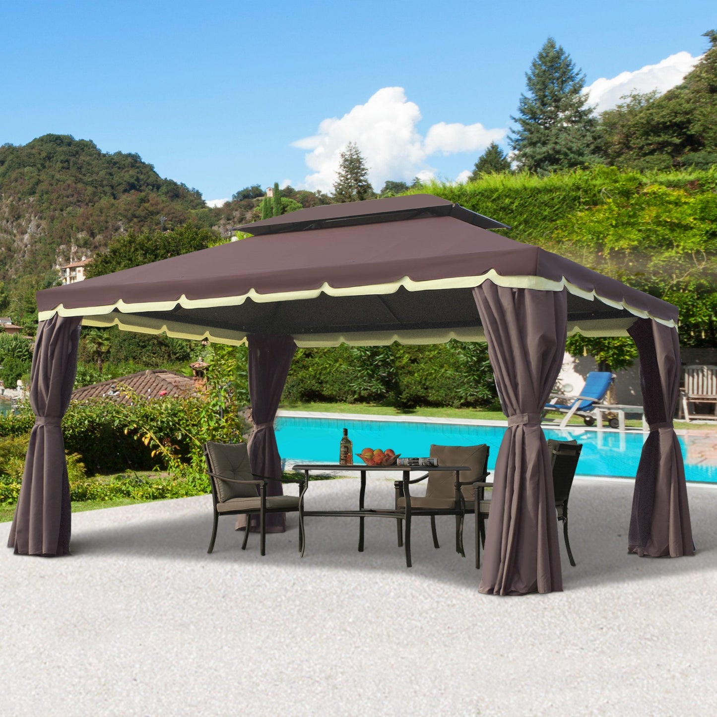 US Local 10x13 Aluminum Gazebo Patio Canopy  Outdoor Shelter With Double Roof, Netting & Curtains