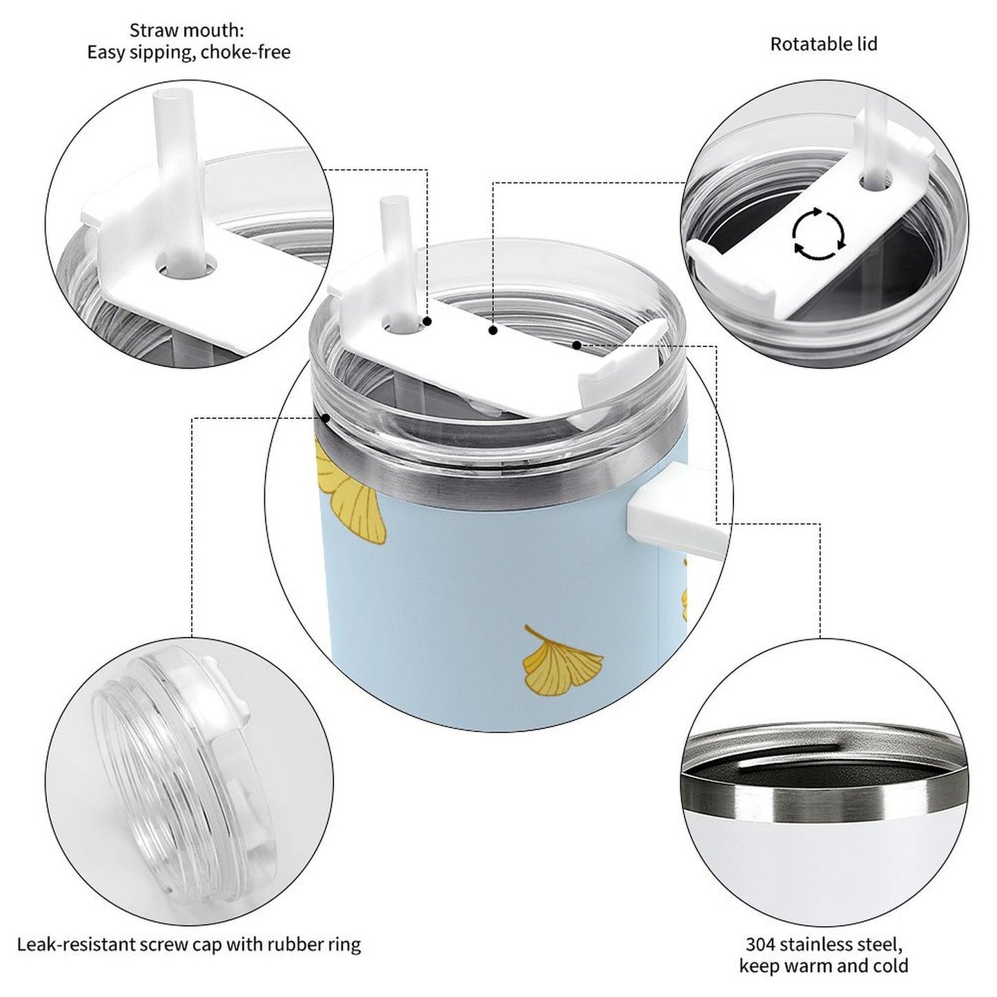 PHDT00533 POD US Local Tumbler 40oz Large Capacity Car Cup Ginkgo Leaf Butterfly Dance Blue