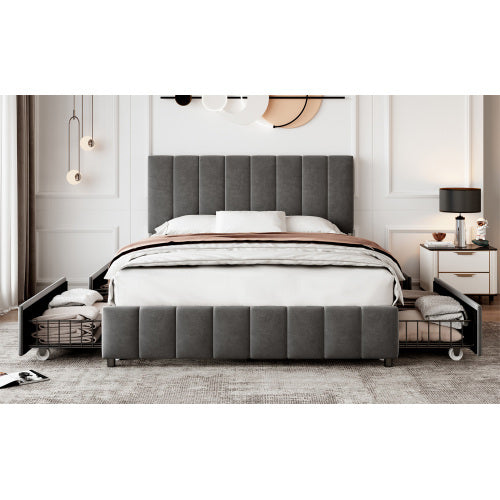 UK Local 4ft6 Double Upholstered Bed With 4 Storage Drawers, Velvet Platform Bed Frame With Adjustable Channel Tufted Headboard, Metal-Wood Support, No Box Spring Needed, Easy Assembly, Grey No Mattress