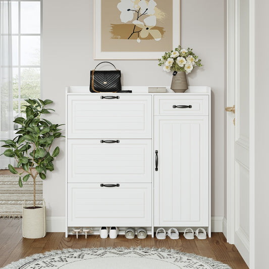 US Local White Color Shoe Cabinet With 4 Doors 1 Drawers,PVC Door With Shape ,large Space For Storage
