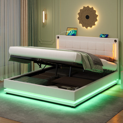 UK Local 4ft6 Double LED Hydraulic Bed With Charging Station, Adjustable Square Tufted Headboard With Intelligent Control Light, Soft Velvet Bed Frame With USB And Type - C Ports, Beige
