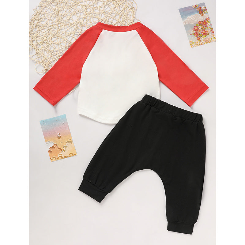 US Local 2pcs Baby Boy's 'Heart Crusher' Print Valentine's Day Set, Long Sleeve T Shirt Top & Black Heart Print Pants