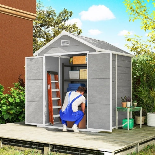 UK Local Outsunny 6 X 5ft Garden Shed, Plastic Shed With Floor, Window, Lockable Doors And Vents, Wood Effect Resin Tool Shed For Outdoor Patio, Dark Grey