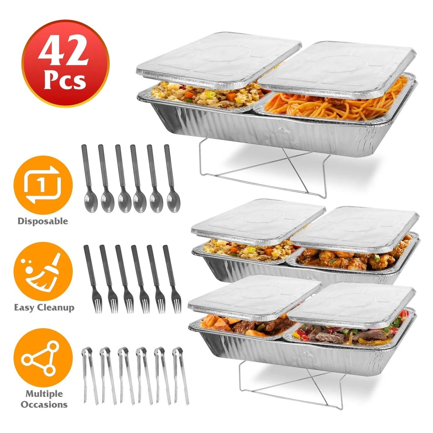 US Local Set Of 42Pcs Disposable Chafing Dish Buffet Set Chafing Servers With Covers Spoons Forks Tongs Full-Size Pans Food Warmers For Parties Events Catering Supplies With Utensils And Lids GPCT5373