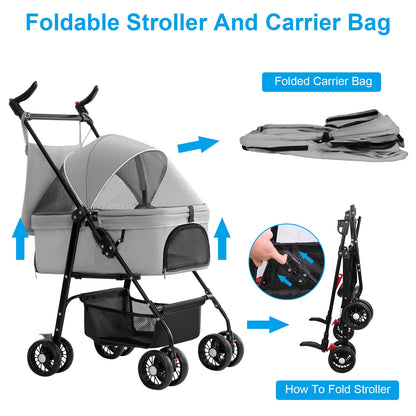 US Local 1Pc 4-Wheels Pet Stroller Foldable Carrier Strolling Cart Travel Jogger Pet Stroller With Removable Liner Storage Basket For Dog Cat