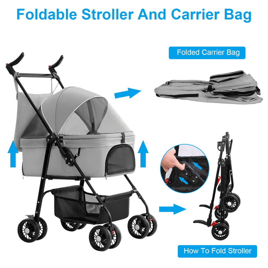 US Local 1Pc 4-Wheels Pet Stroller Foldable Carrier Strolling Cart Travel Jogger Pet Stroller With Removable Liner Storage Basket For Dog Cat