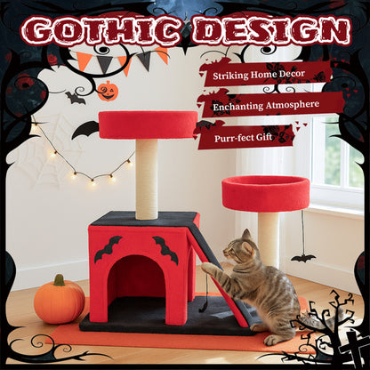 US Local Halloween Cat Climbing Frame Gothic Cat Tree, Cat Tower With Spacious Cat Condo, 2 Padded Perches, Spider Toy, Scratching Posts, Scratching Ladder For Large Cats, Red & Black