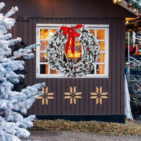 US Local 48in Pre-lit Snow Flocked Christmas Wreath, Lighted Artificial Xmas Wreath With 150 Warm White Lights And 450 PVC Tips And DIY Ornaments, For Front Door Gate Wall Xmas Party Decorations, Snowy Green