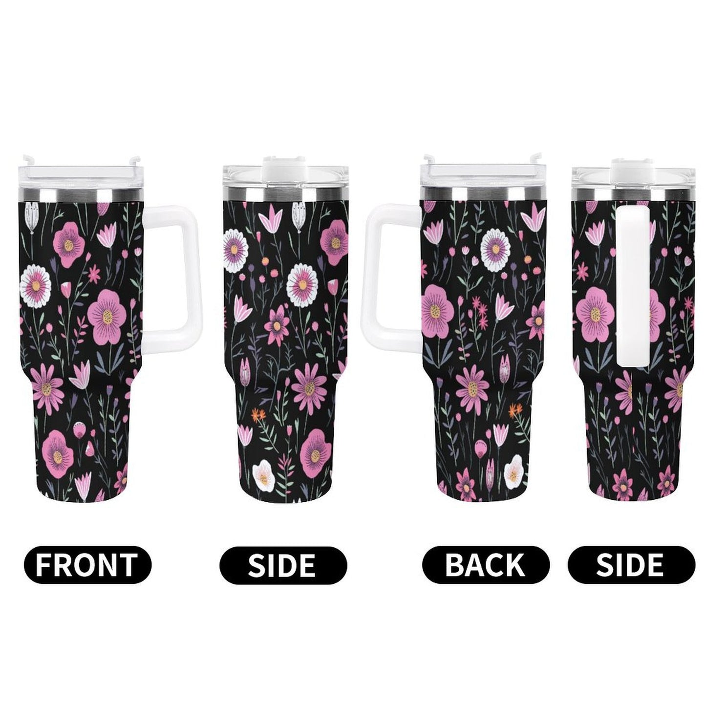 PHDT00211 POD US Local Tumbler 40oz Large Capacity Car Cup Flower Branches, Pink, Black