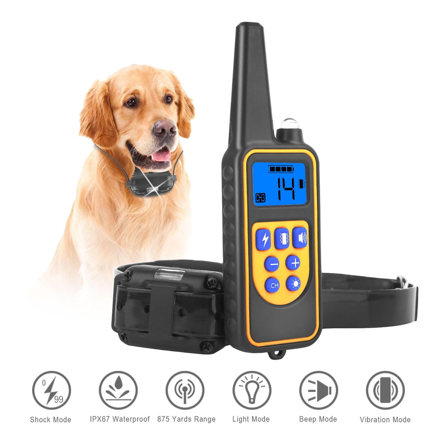 US Local 1Pc Dog Training Collar With Remote  IP67 Waterproof Pet Trainer 300mAh Rechargeable 875 Yard Remote Control 4 Modes Adjustable Level