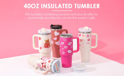 US Local 40 Oz Tumbler With Handle Straw Insulated, Stainless Steel Spill Proof Vacuum Coffee Cup Tumbler With Lid Tapered Mug Gifts For Valentine Lover Suitable For Car Gym Office Travel
