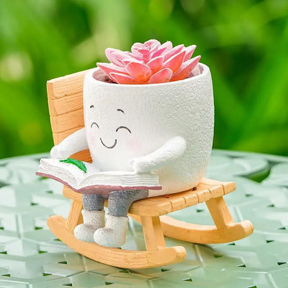 US Local 2 Pieces Of Cute Character Reading Rocking Chair Resin Flower Pots Indoor And Outdoor Plant Decoration Vase Home Flower Gift
