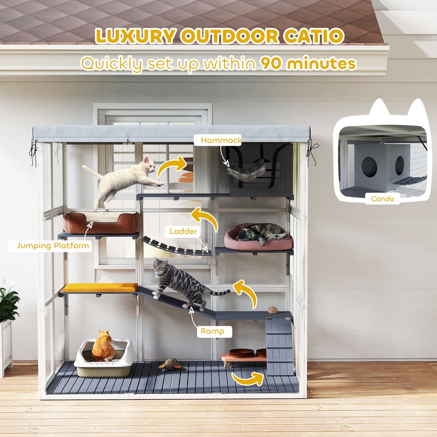 US Local Large Outdoor Catio Cat Enclosure With Hammock, Condo,Platforms, Ladders, Ramps, Tarp, For 2-4 Large Cats, Gray