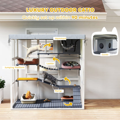 US Local Large Outdoor Catio Cat Enclosure With Hammock, Condo,Platforms, Ladders, Ramps, Tarp, For 2-4 Large Cats, Gray