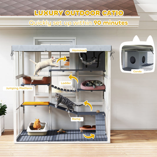 US Local Large Outdoor Catio Cat Enclosure With Hammock, Condo,Platforms, Ladders, Ramps, Tarp, For 2-4 Large Cats, Gray